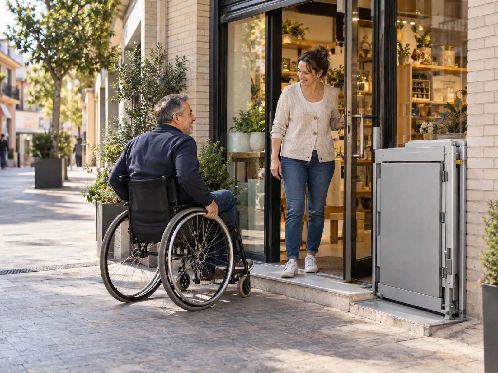 Accesibilidad para tu local comercial en Alcobendas: dueña recibe a un cliente en silla de ruedas en la puerta