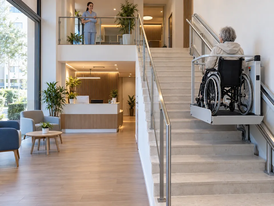 Accesibilidad para locales comerciales en Alcobendas: clienta en silla de ruedas sube a la entreplanta de una consulta