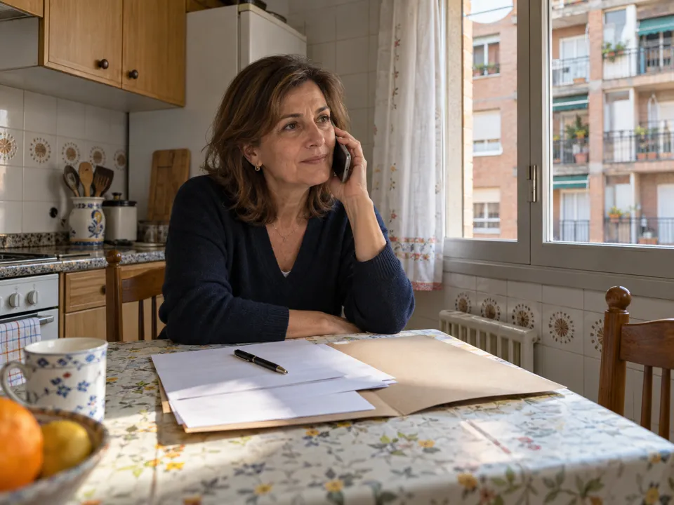 Ayudas y subvenciones para salvaescaleras en Alcobendas: hija llamando a la oficina de vivienda con los papeles de su padre