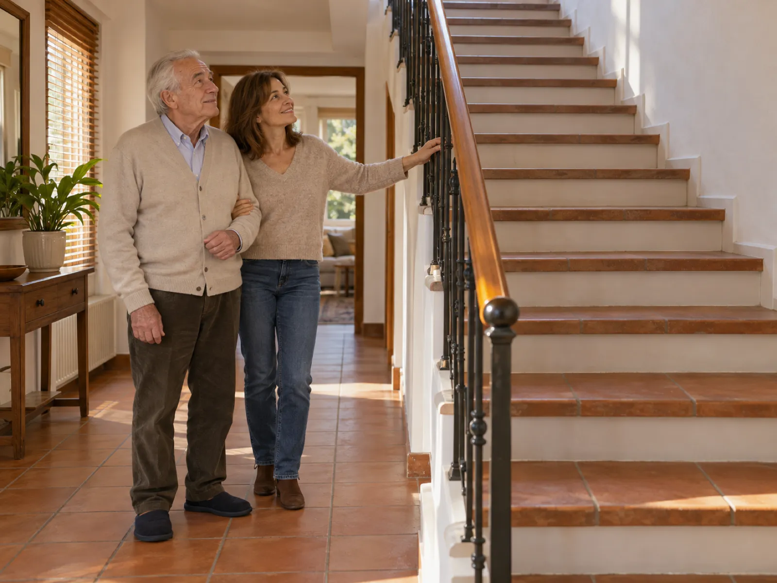 Ayudas y subvenciones para salvaescaleras en Alcobendas: un padre mayor y su hija miran tranquilos la escalera de casa