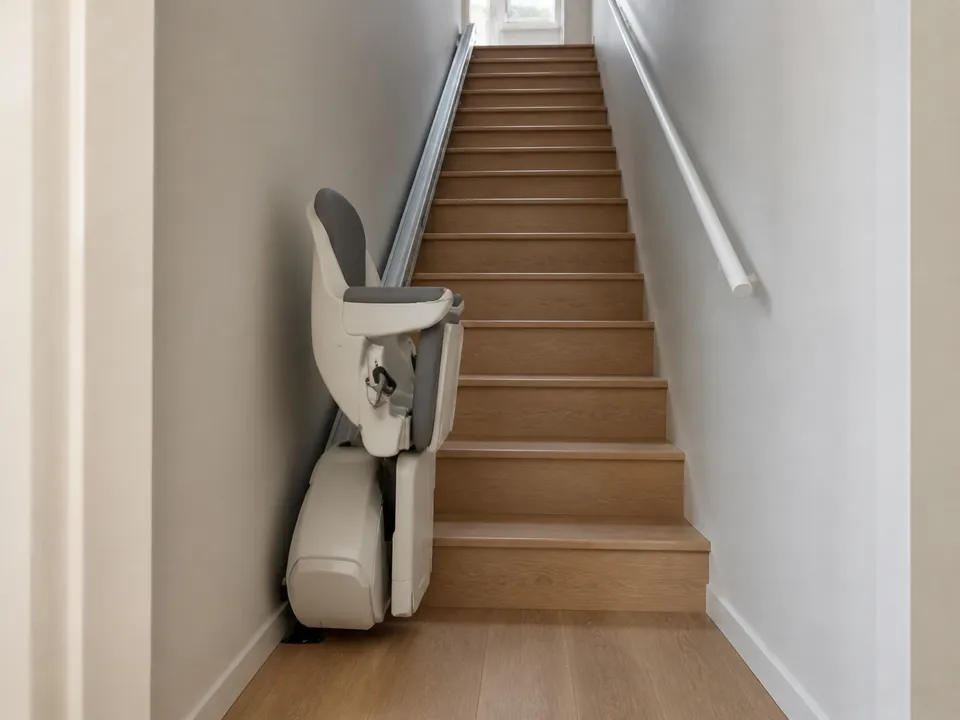 Silla salvaescaleras plegada en la escalera estrecha y empinada de una casa adosada.