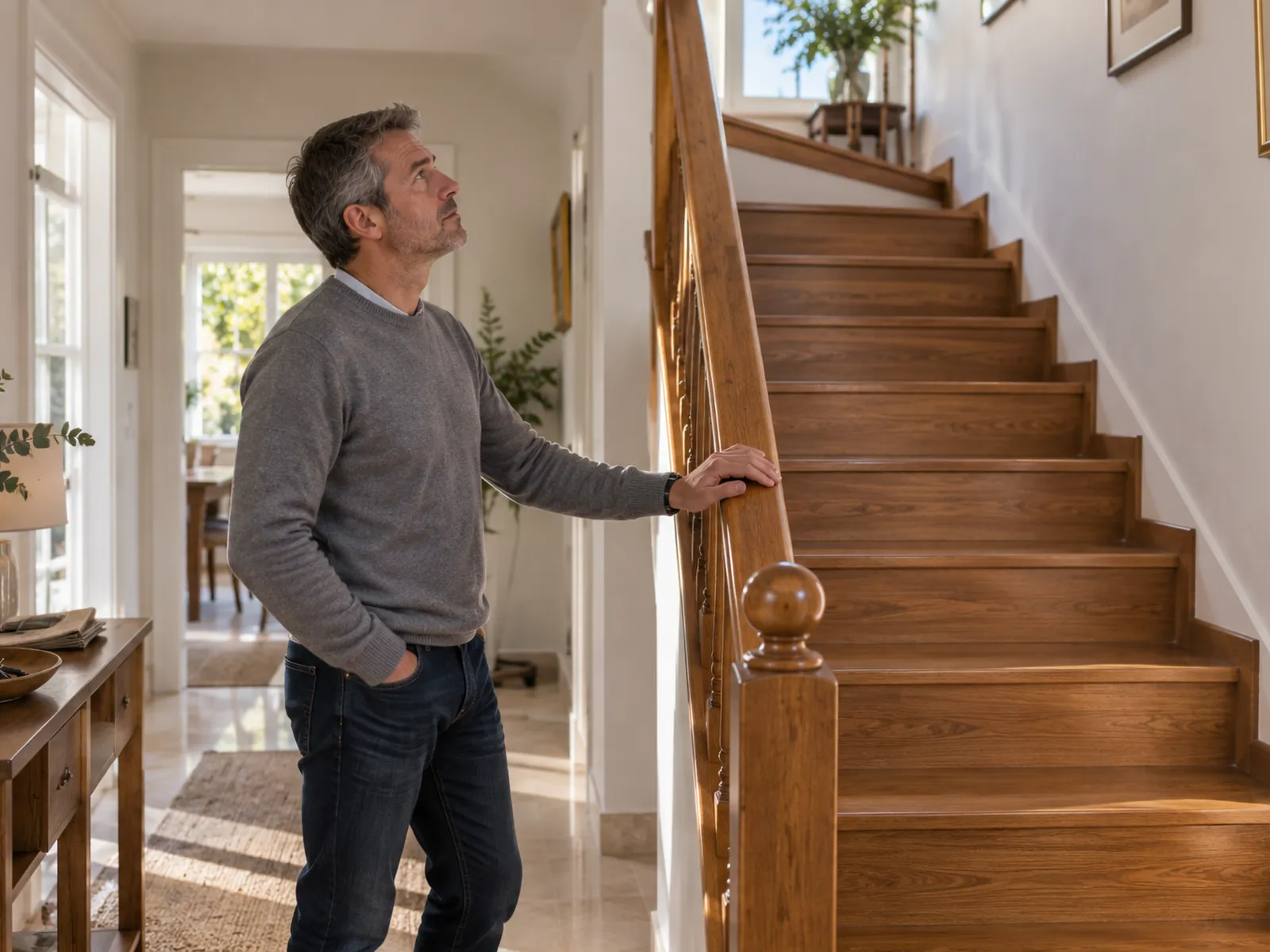 Comparativa de sillas salvaescaleras en Alcobendas: hombre observando la escalera de su casa antes de elegir el tipo adecuado