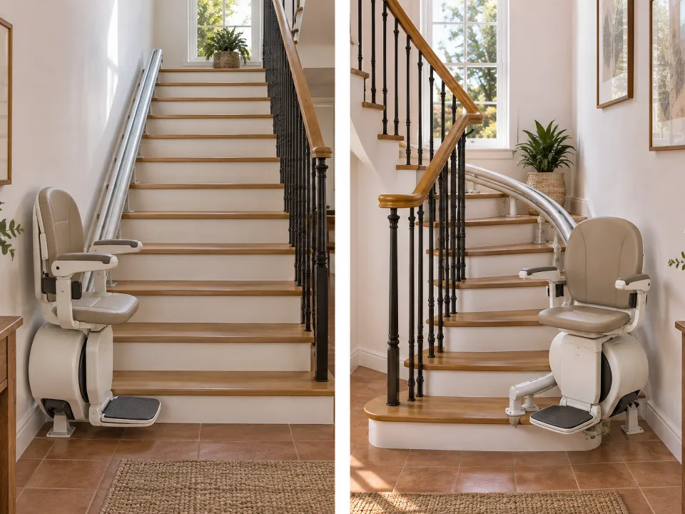 Comparativa de sillas salvaescaleras en Alcobendas: silla en escalera recta y silla en escalera con giro