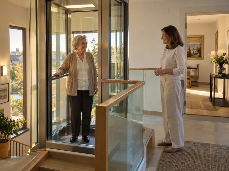 Elevadores verticales domésticos en Alcobendas: mujer mayor llega en ascensor a la planta alta de su chalet