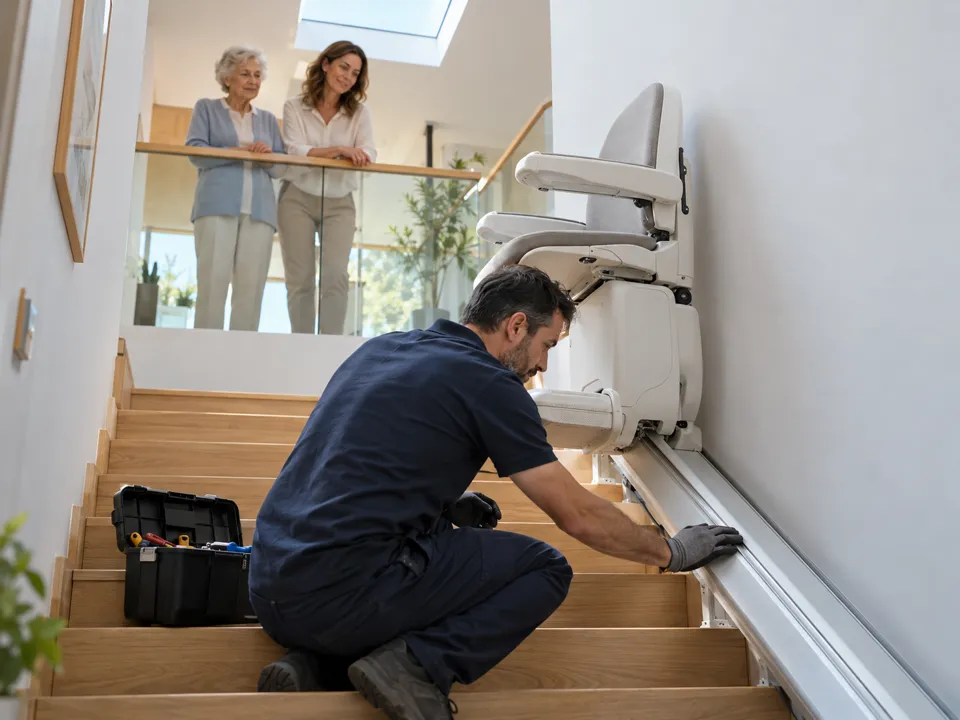 Garantía de por vida de silla salvaescaleras en Alcobendas: técnico en la revisión anual de la silla de un dúplex