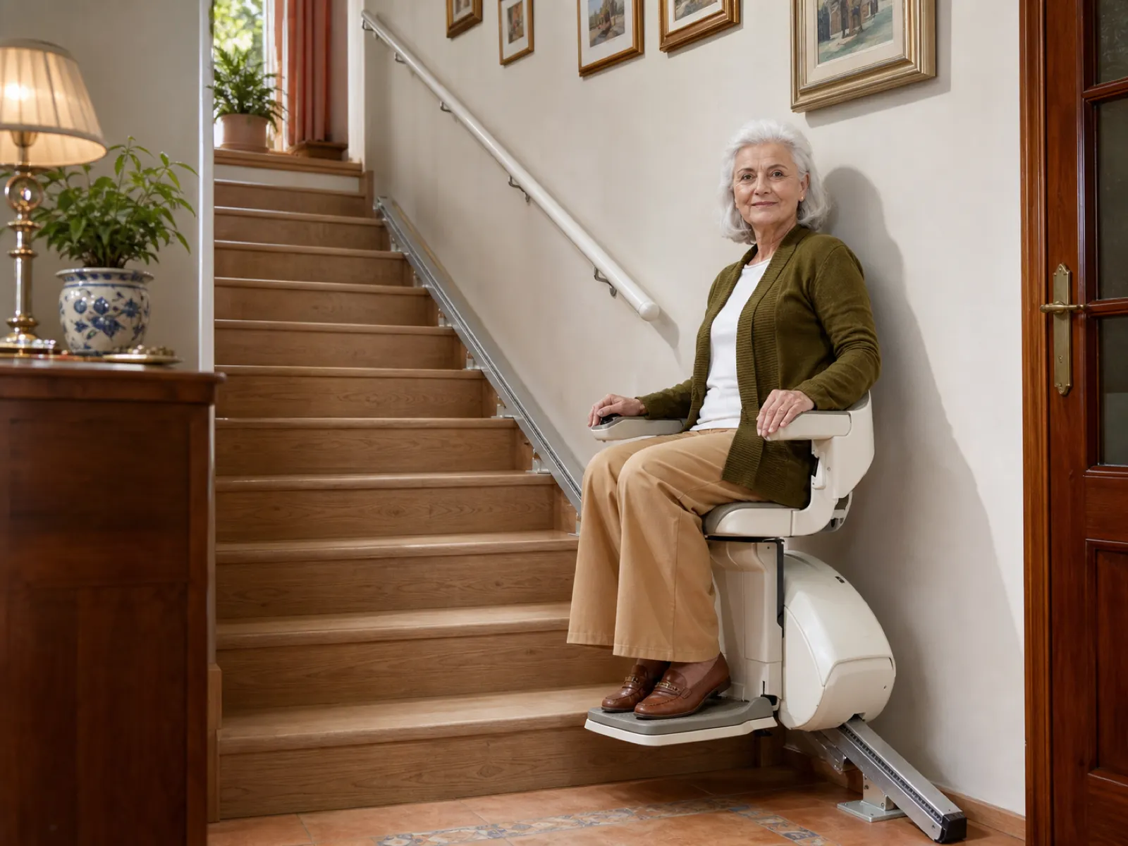 Mujer mayor sentada en una silla salvaescaleras, subiendo la escalera de madera de su casa.