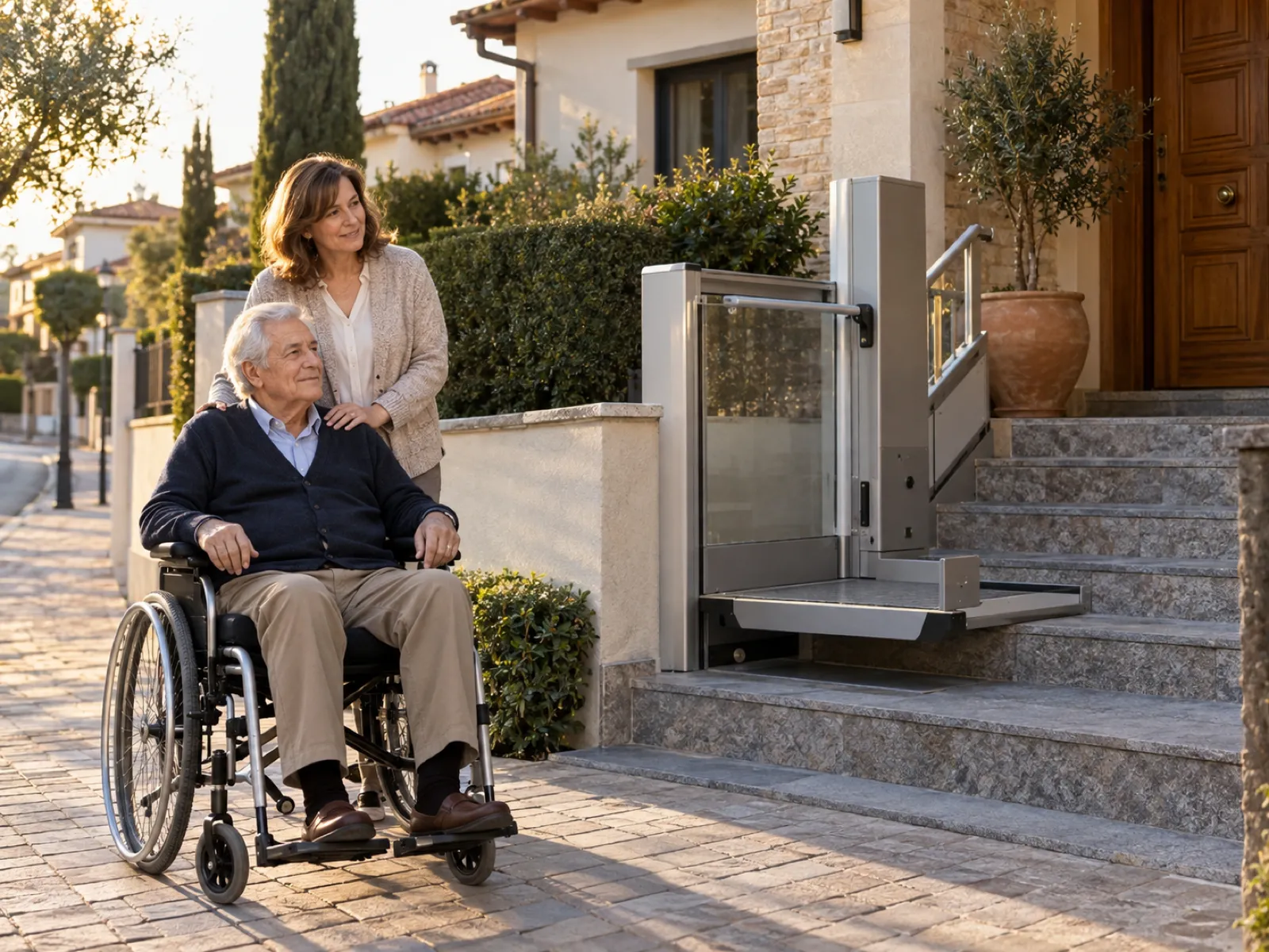 Plataforma salvaescaleras en Alcobendas instalada en la entrada de una vivienda para persona en silla de ruedas