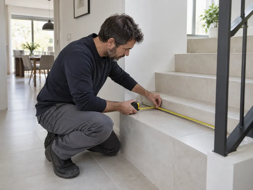 Plataforma salvaescaleras en Alcobendas: técnico mide la escalera de un adosado antes de fabricar la plataforma a medida