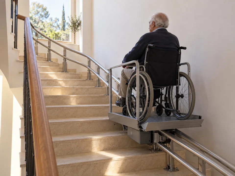 Plataforma salvaescaleras curva en Alcobendas: hombre en silla de ruedas subiendo por el giro de una escalera en L