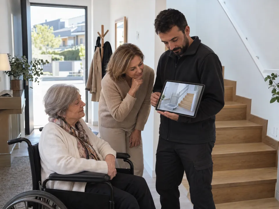 Plataforma salvaescaleras recta en Alcobendas: técnico enseñando en una tableta la vista previa en 3D de la escalera