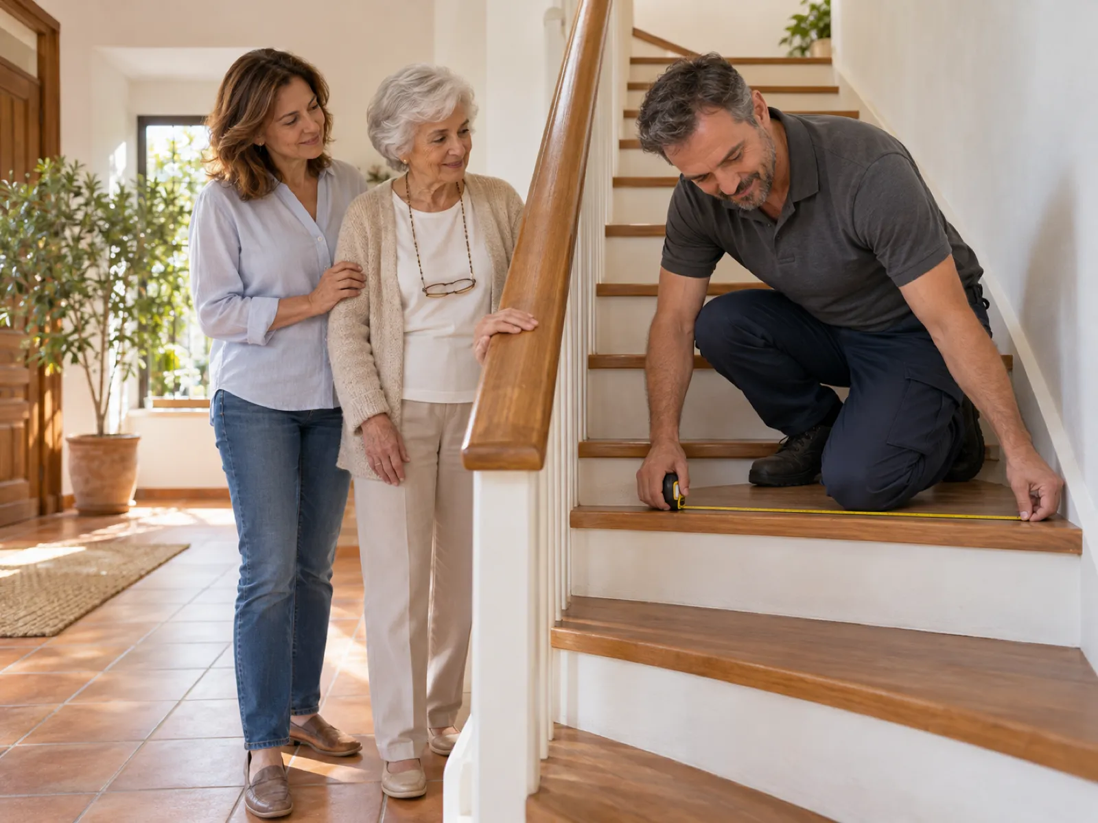 Precio de una silla salvaescaleras en Alcobendas: técnico mide la escalera de casa ante una madre mayor y su hija