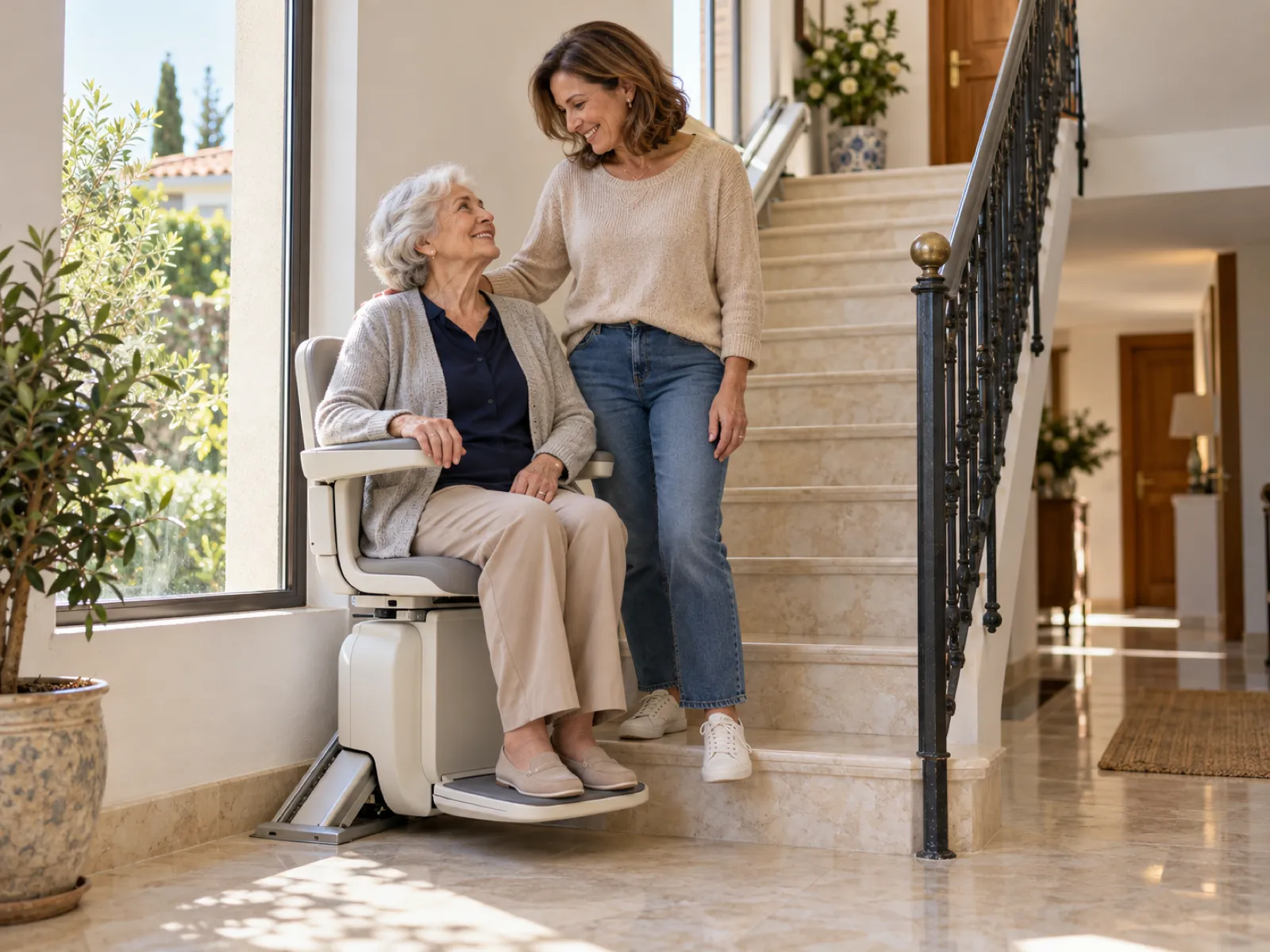 Reparación y mantenimiento de salvaescaleras en Alcobendas: madre de nuevo en su silla, sonriendo junto a su hija