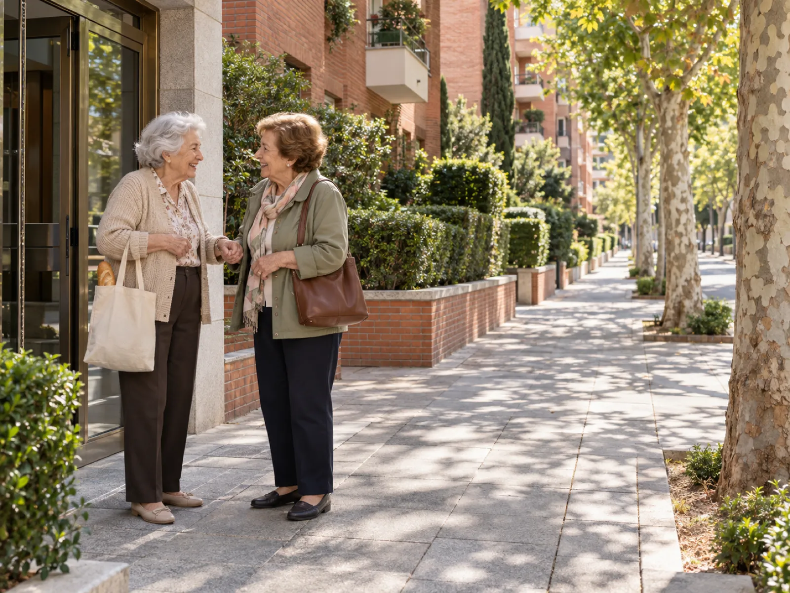 Salvaescaleras en Barrio Norte, Alcobendas: señora mayor sale sola del portal y saluda a una amiga en la calle