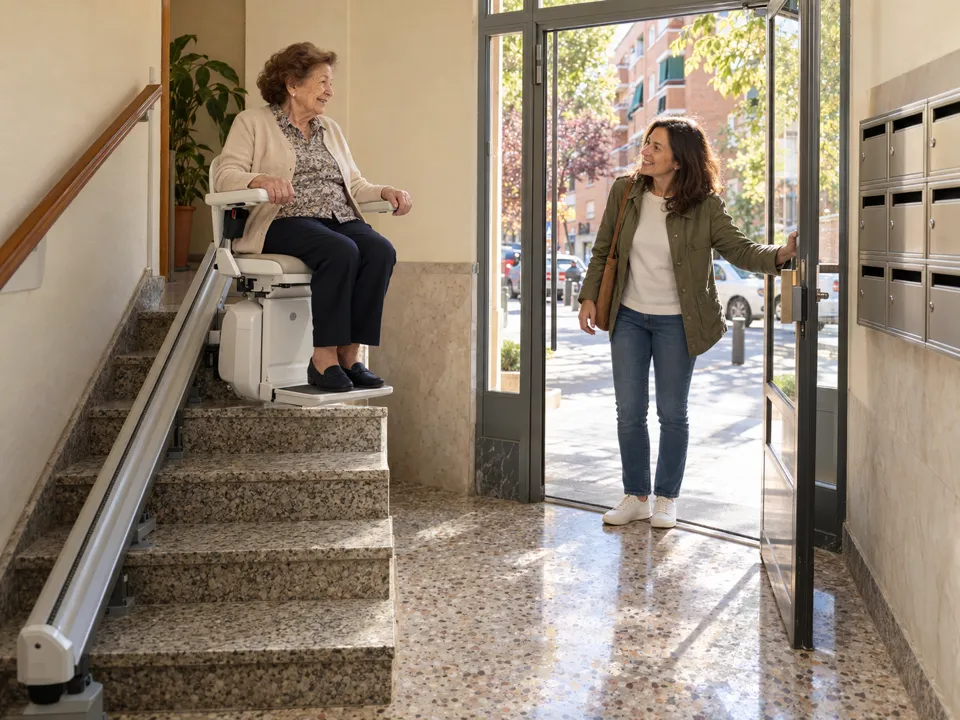 Salvaescaleras en el Centro de Alcobendas: señora mayor bajando en silla los escalones del portal de su bloque