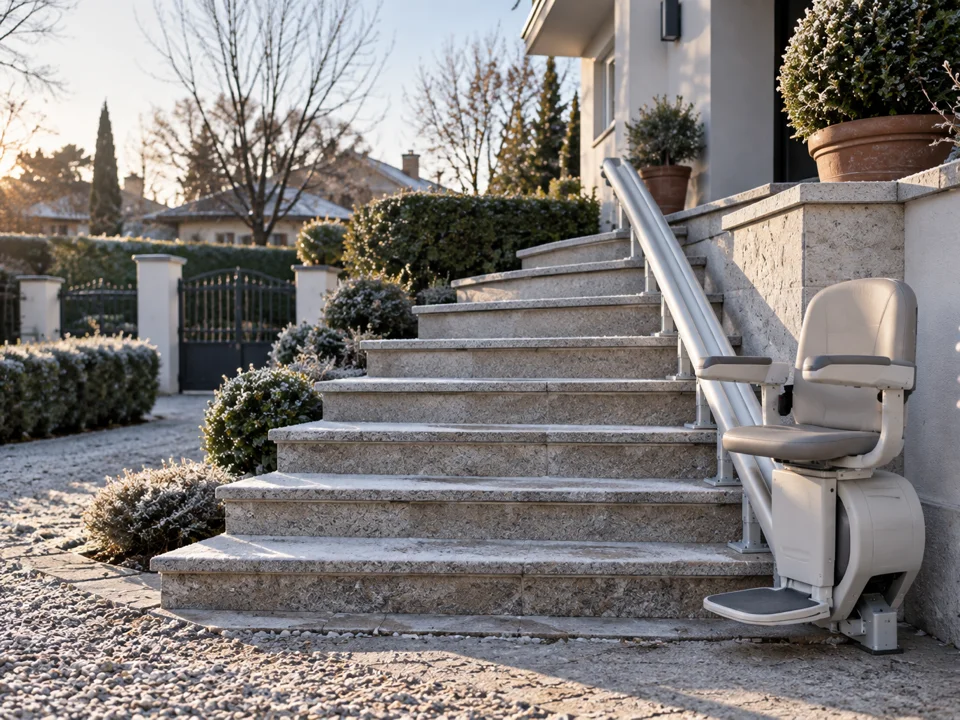 Salvaescaleras de exterior en Alcobendas: silla instalada en la escalinata de piedra del jardín de un chalet