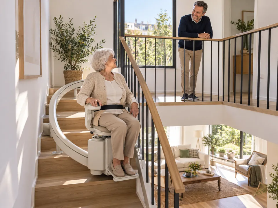 Salvaescaleras en Fuentelucha: señora mayor subiendo sentada en silla la escalera con giro de una casa recién estrenada