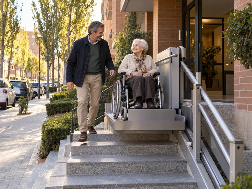 Salvaescaleras en La Chopera, Alcobendas: señora en silla de ruedas subiendo en plataforma los escalones del portal