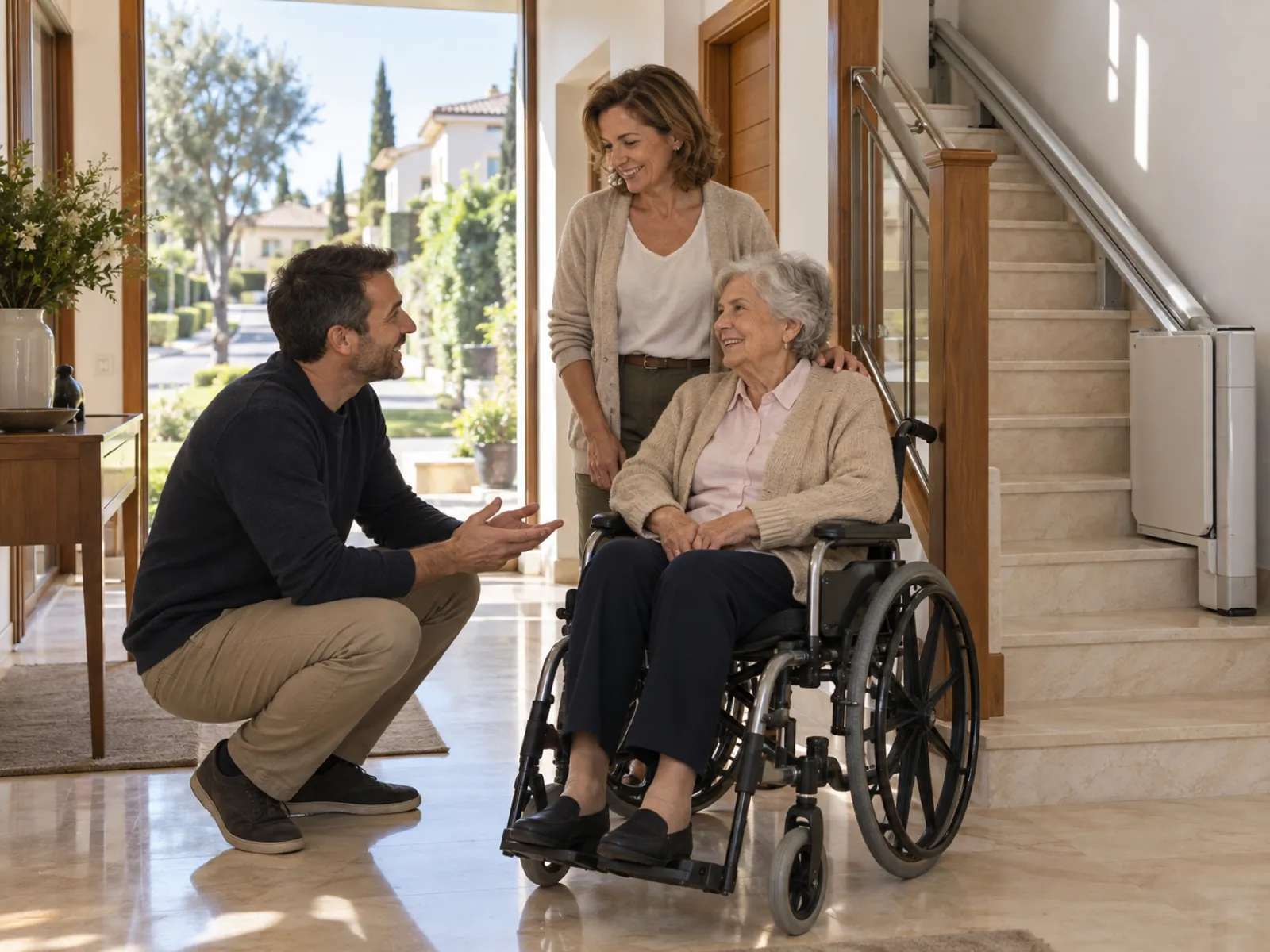 Silla, plataforma o elevador en Alcobendas: asesor con una familia junto a la escalera de un chalet