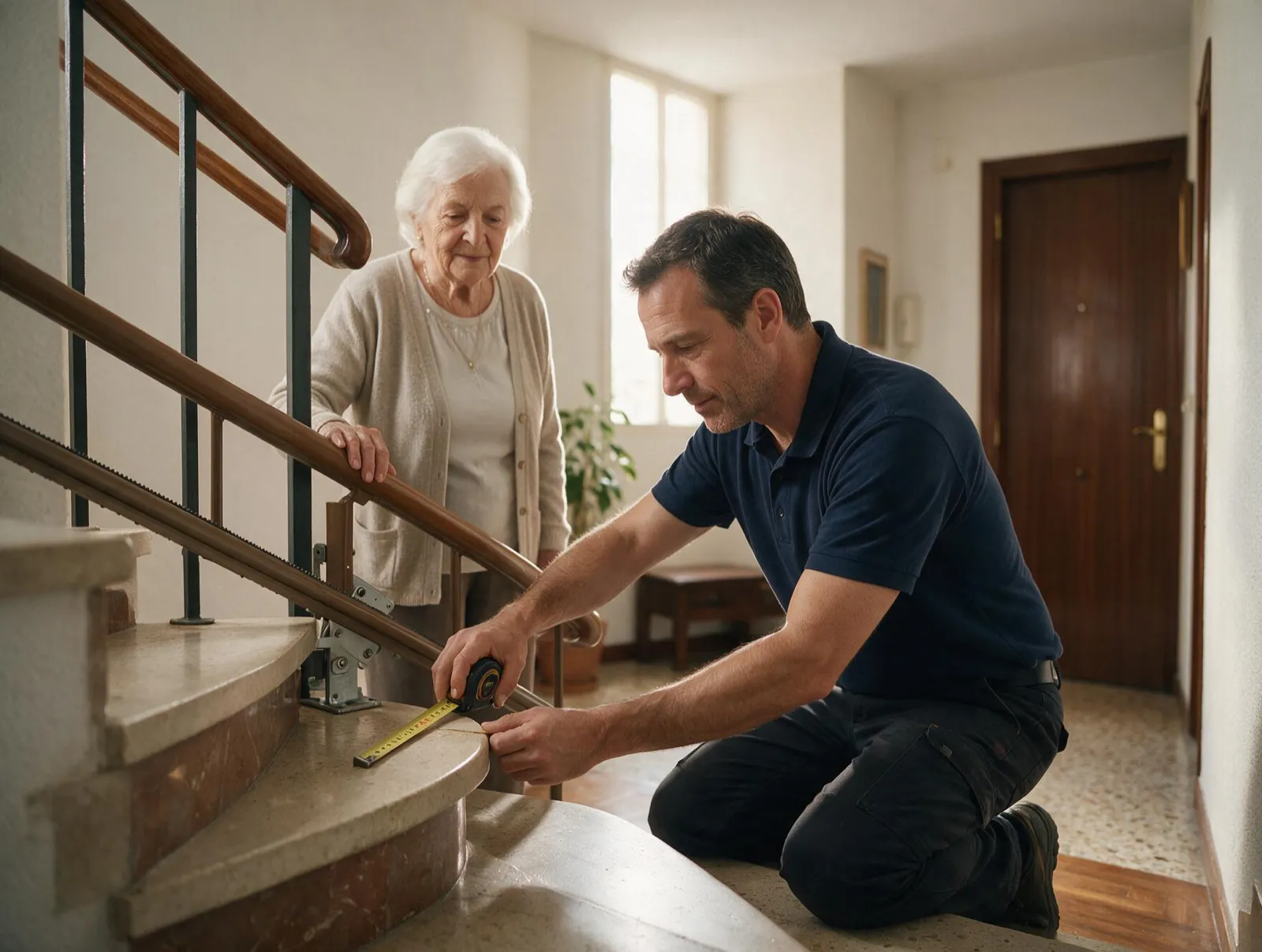 Silla salvaescaleras curva en Alcobendas: técnico midiendo la escalera de un chalet ante una señora mayor