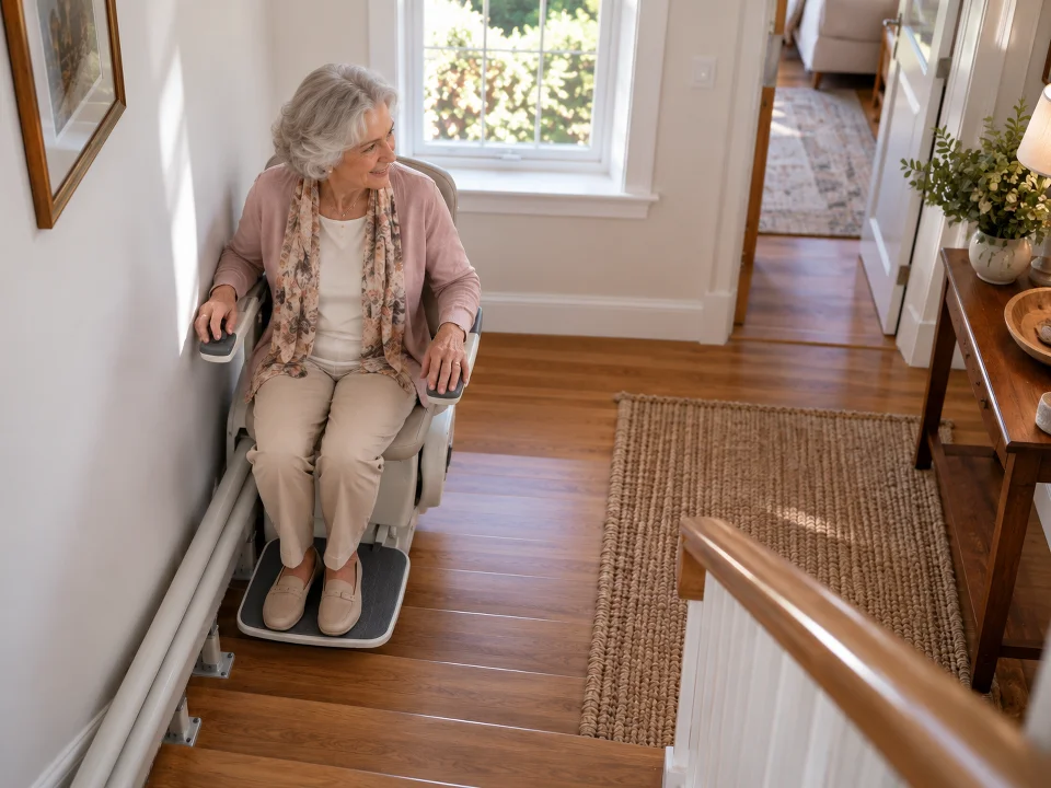 Silla salvaescaleras para escalera estrecha en Alcobendas: el asiento gira solo al llegar al rellano