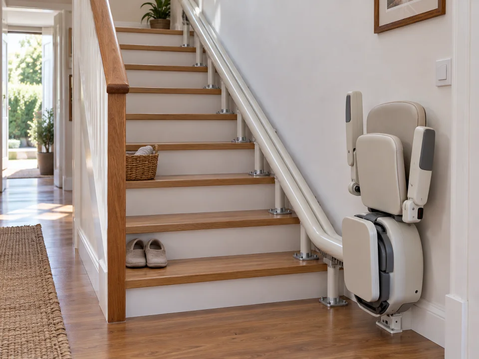 Silla salvaescaleras para escalera estrecha en Alcobendas: raíl atornillado a los peldaños, sin obra
