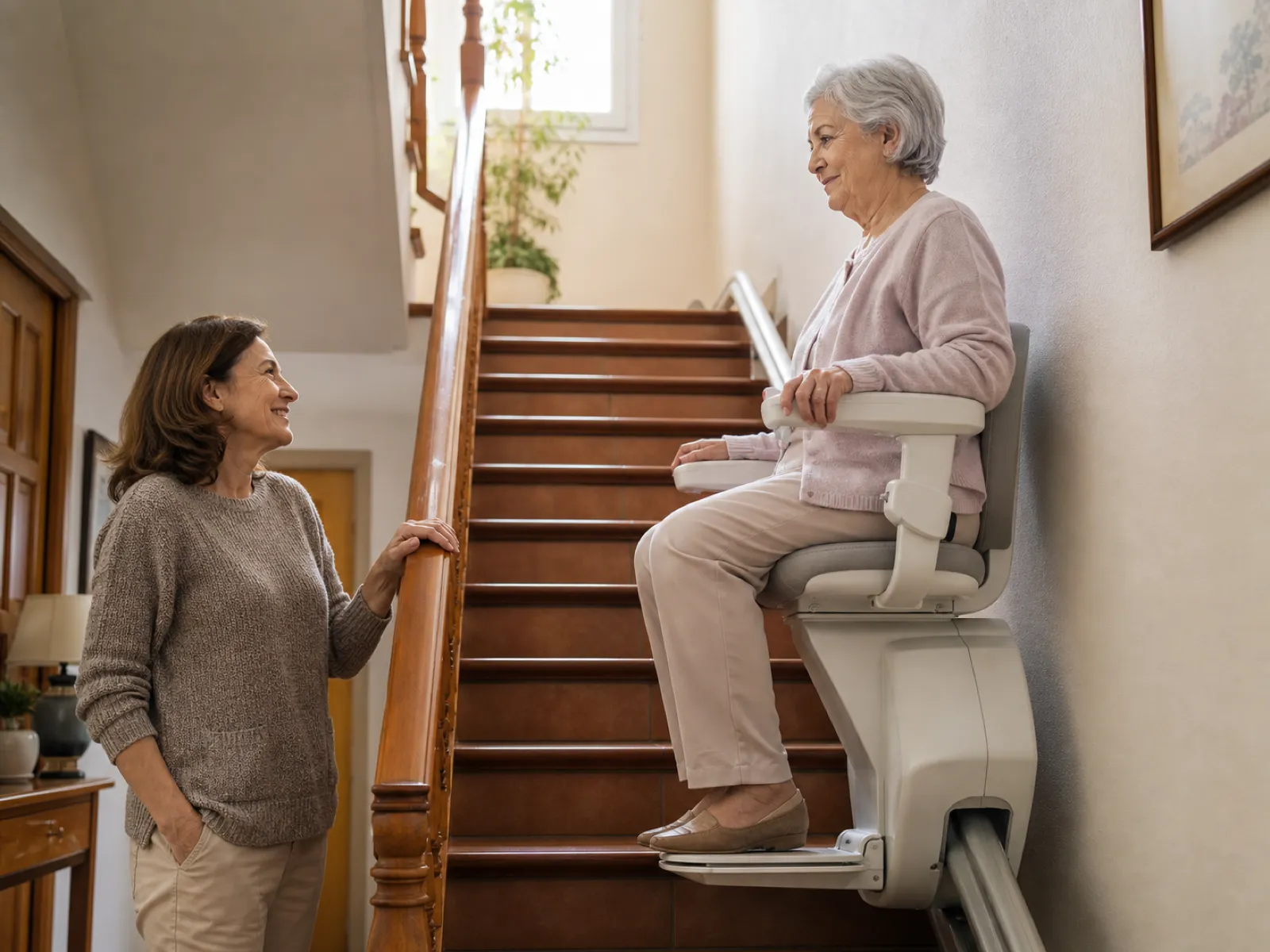 Sillas salvaescaleras en Alcobendas: mujer mayor sentada en la silla mientras su hija la mira tranquila